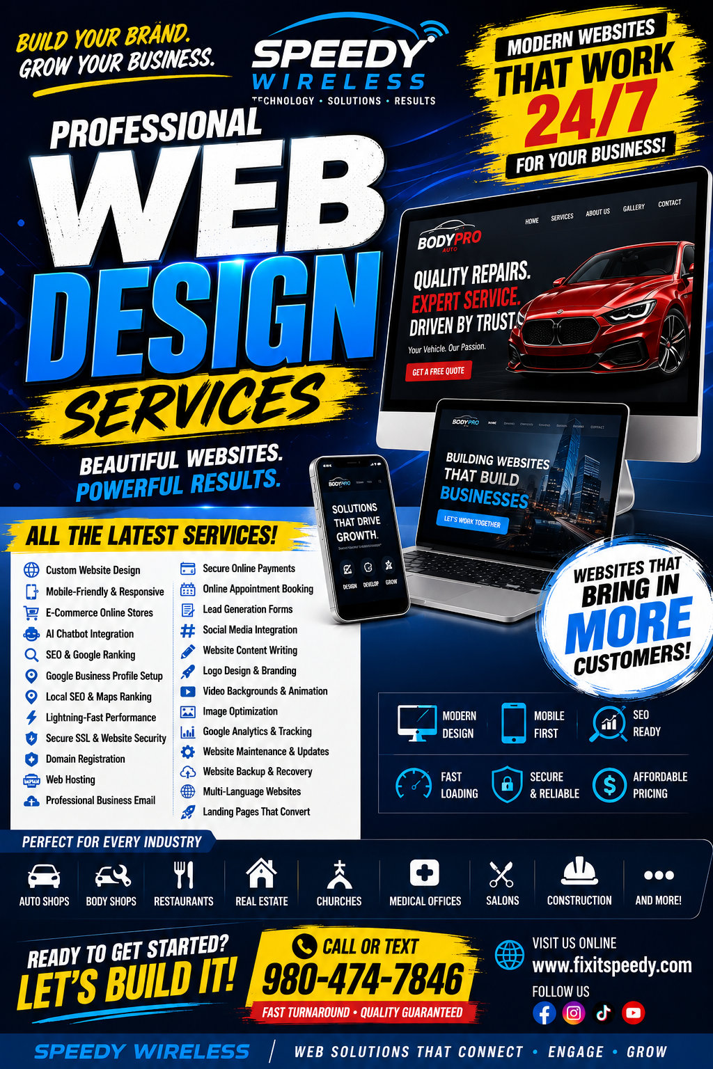 Speedy Wireless professional web design services: custom website design, mobile-friendly responsive sites, e-commerce, SEO, hosting and more. Call or text 980-474-7846.