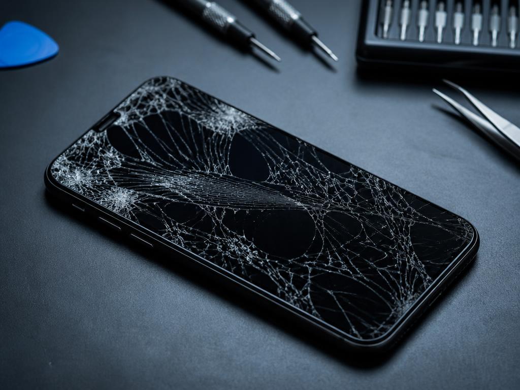 Smartphone with a badly shattered screen before repair